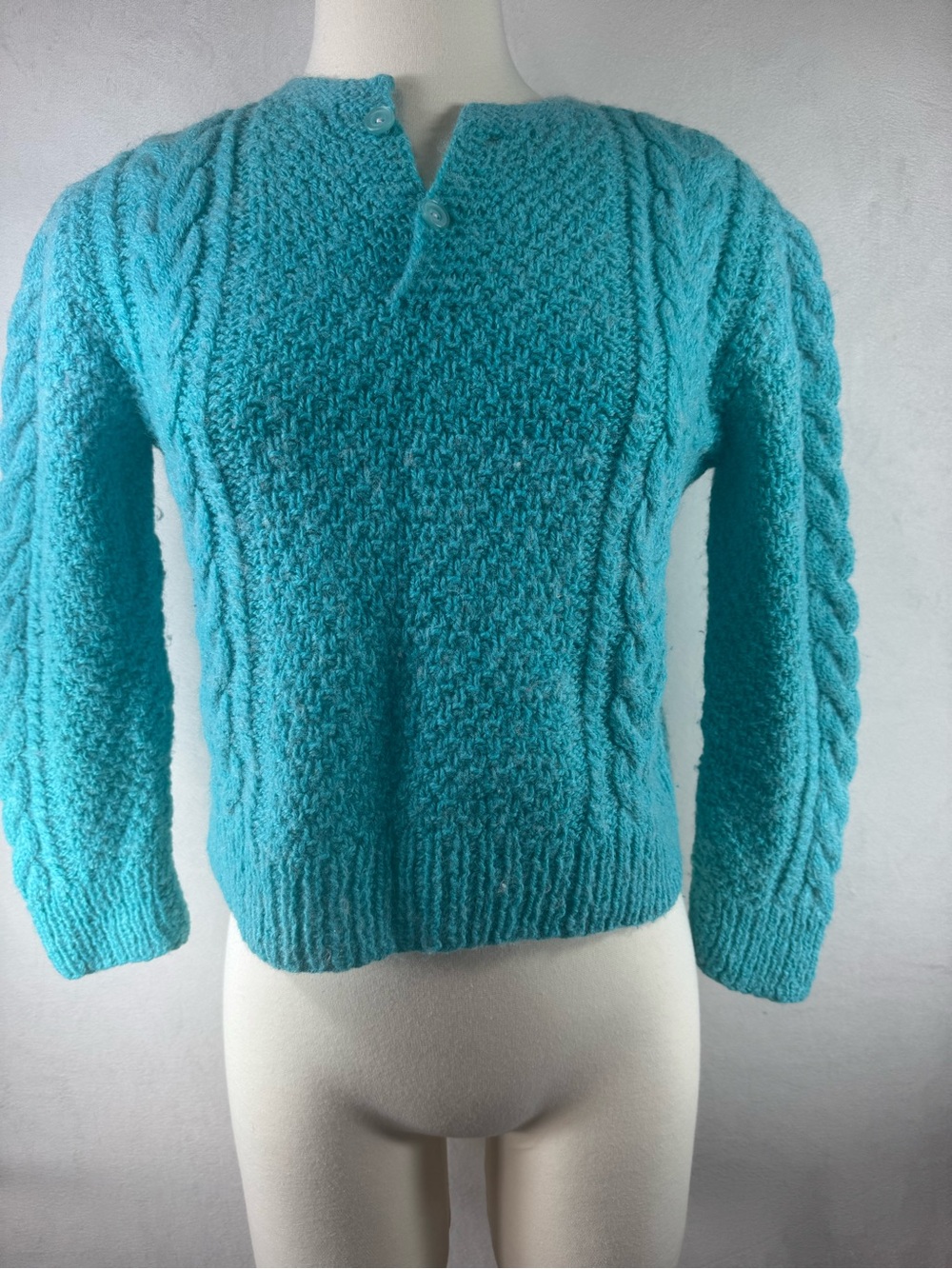 Handmade Vintage Women’s Cable Knit Button-Notch Sweater in Teal Small -Medium